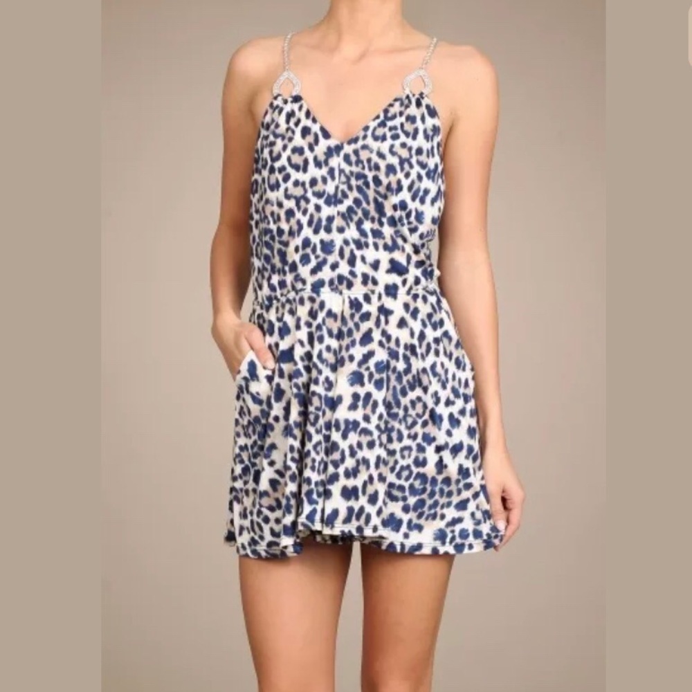 S-Twelve Women Romper Blue White Animal Print Dress Shorts Rhinestone Chain Sz M
